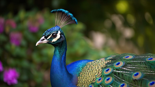 Un pavo real con una corona verde en la cabeza.