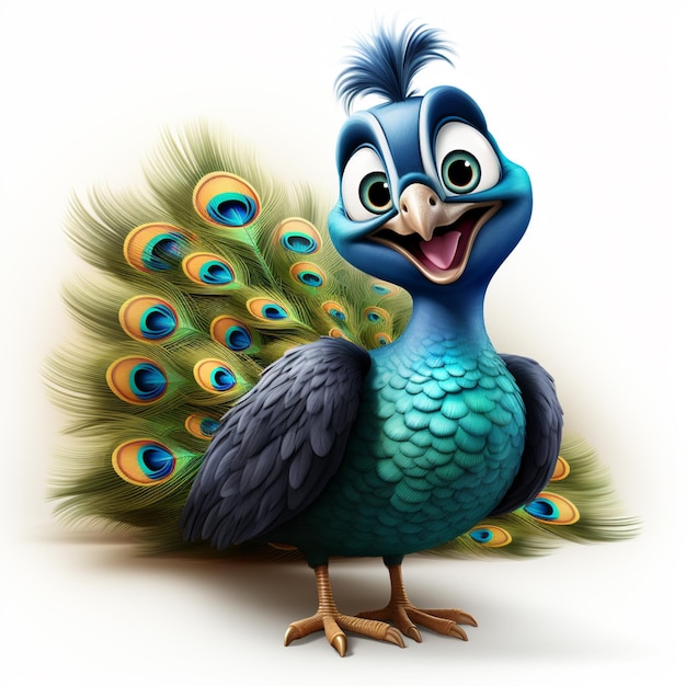 pavo real de dibujos animados con plumas azules y una gran sonrisa generativa ai