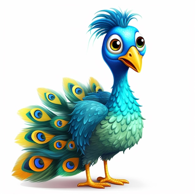 pavo real de dibujos animados con plumas azules y plumas de cola amarillas