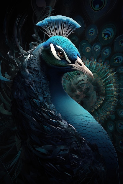 Un pavo real está parado frente a un fondo oscuro.