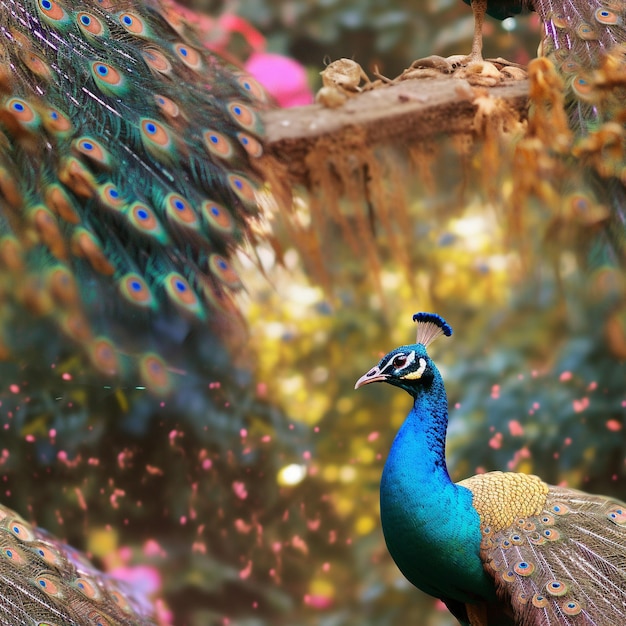 un pavo real está de pie frente a un pavo real con muchos colores.