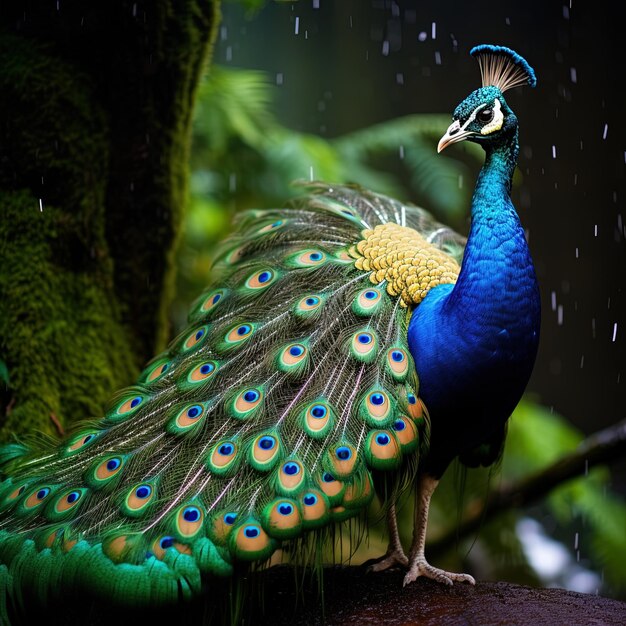 un pavo real está de pie en la lluvia con el fondo de hojas detrás de él