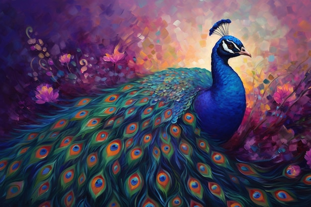 Un pavo real está pintado con un fondo colorido.