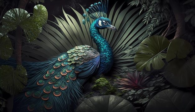 Un pavo real está rodeado de plantas y plantas.