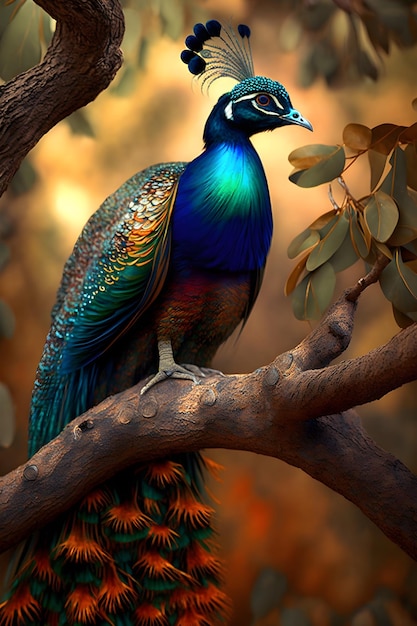 Un pavo real está sentado en una rama y el pájaro es azul, verde y rojo.