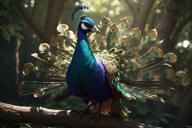 Un pavo real está sentado en una rama.