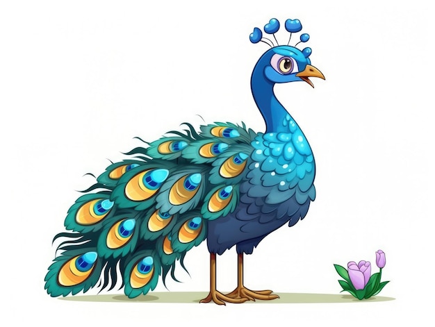 Pavo real en estilo de dibujos animados sobre fondo blanco IA generativa