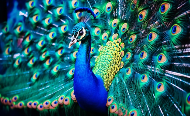 Foto el pavo real está exhibiendo sus plumas al estilo de procesamiento cruzado procesado marino y esmeralda.