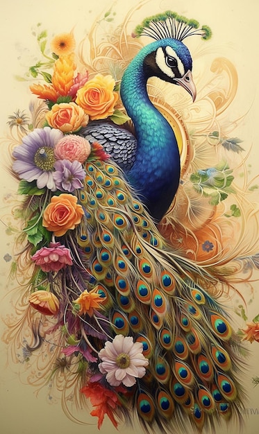 Un pavo real con flores y hojas.