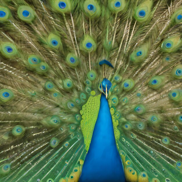 Foto un pavo real con un fondo azul con una cola verde con plumas azules y amarillas