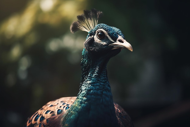 Un pavo real con un fondo verde y una cabeza de plumas azules.