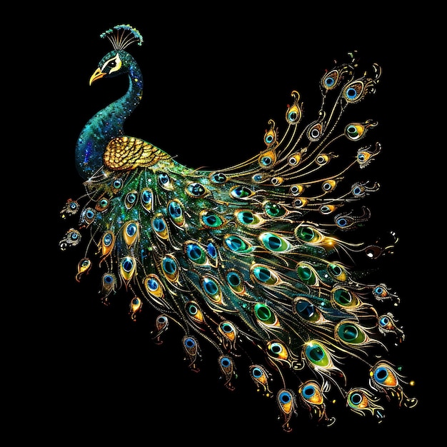 Pavo real formado en miel en cascada Arte de fondo líquido transparente dorado Concepto de brillo Y2K