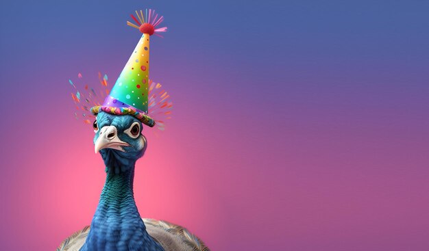 Foto un pavo real con un gorro de fiesta está mirando hacia arriba.
