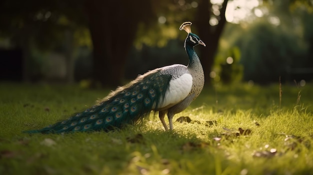 Un pavo real se para en la hierba bajo el sol.