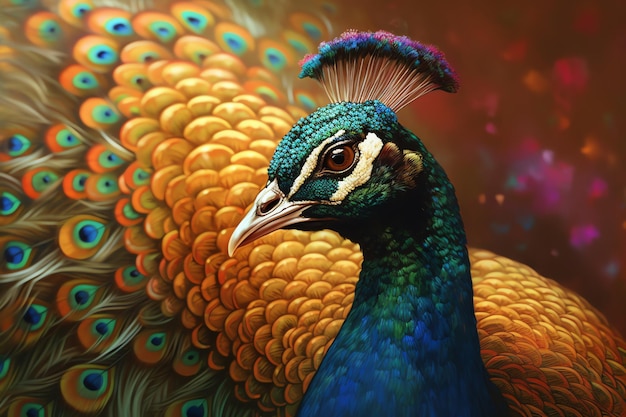 Pavo real con ilustración de plumas de colores