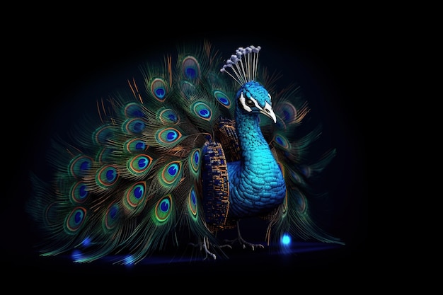 Pavo real con luz que está en el mundo digital sobre un fondo oscuro Ilustración de aves silvestres IA generativa