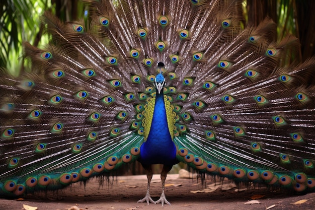 Un pavo real mostrando su plumaje frente a pavos reales monótonos