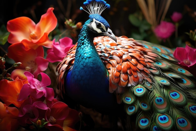 El pavo real muestra un plumaje exuberante en el colorido jardín generativo IA