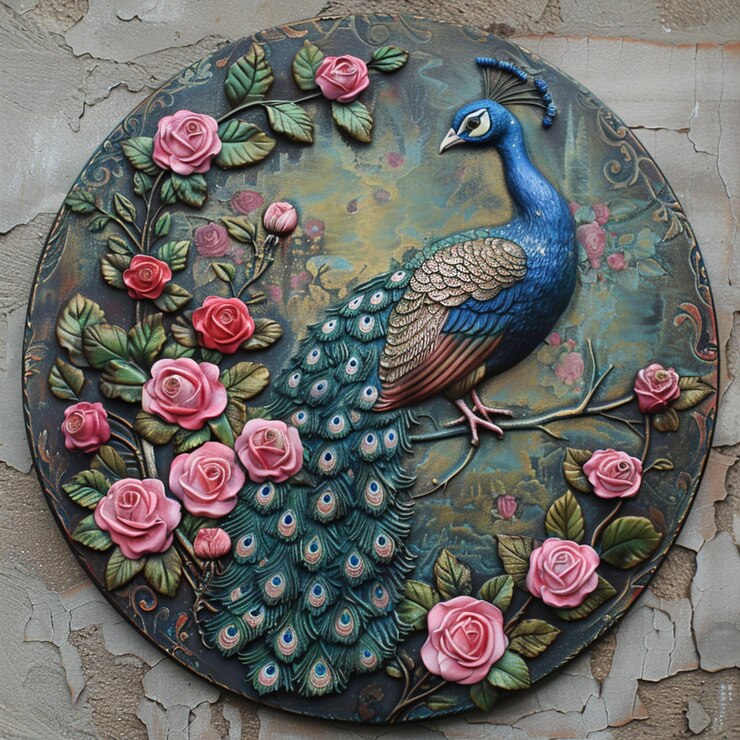 pavo real en una pared con rosas y hojas generativas ai