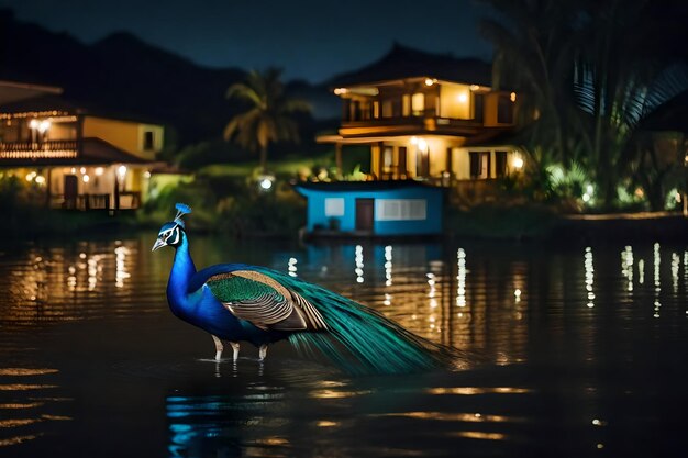 Foto un pavo real está de pie en el agua con una casa en el fondo