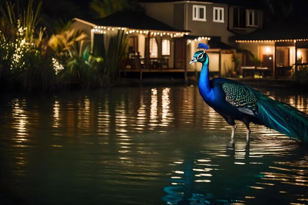 Foto un pavo real está de pie en el agua cerca de una casa