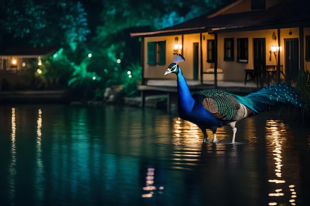 Foto un pavo real está de pie en el agua frente a una casa