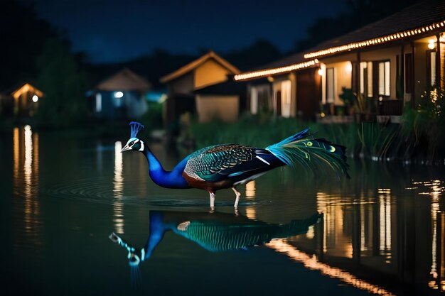 Foto un pavo real está de pie en el agua con un reflejo de una casa en el agua