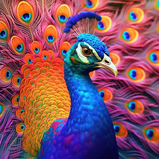 Un pavo real con una pluma de colores detrás