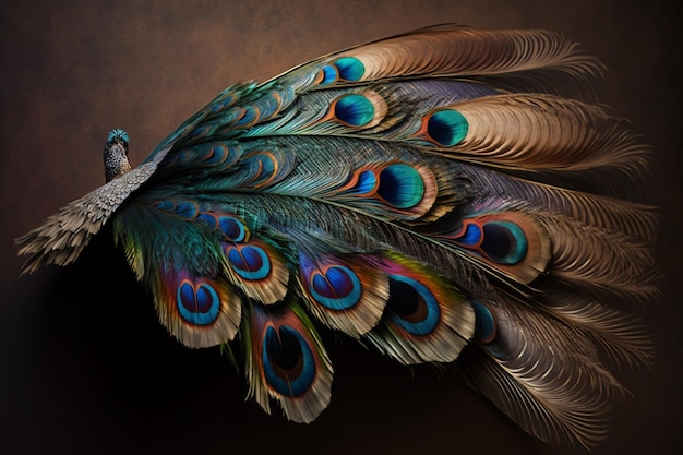 Un pavo real con plumas azules se muestra con un fondo marrón.