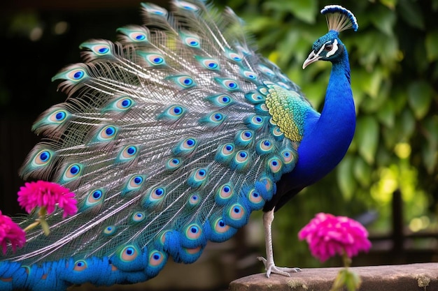 Un pavo real con plumas de cola azul y naranja.