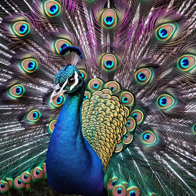 Un pavo real con plumas de cola azules y amarillas.