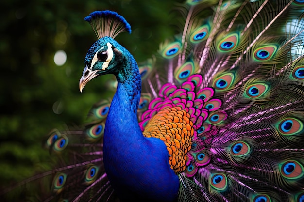 Pavo real con plumas de cola coloridas en la cabeza