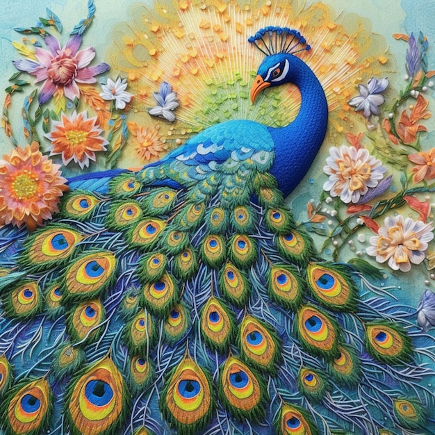 Pavo real con plumas de colores y flores sobre un fondo azul generativo ai