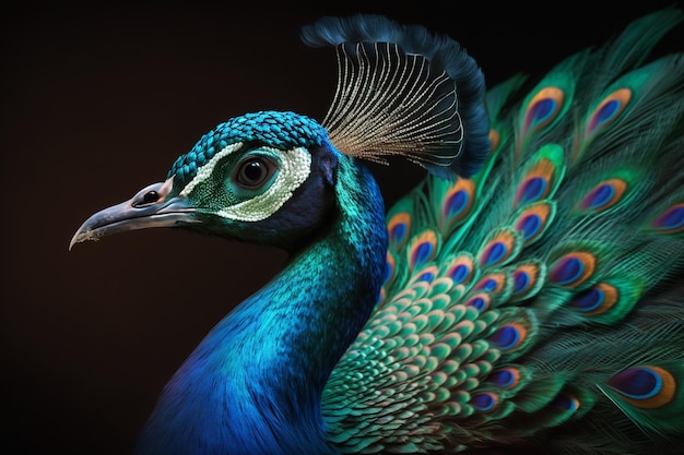 Un pavo real con plumas de colores se muestra sobre un fondo oscuro.