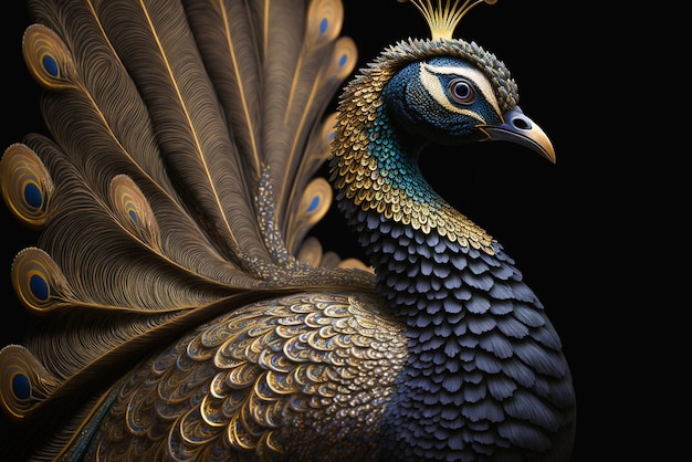 Un pavo real con plumas doradas y fondo negro.