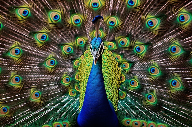 Foto un pavo real con las plumas extendidas