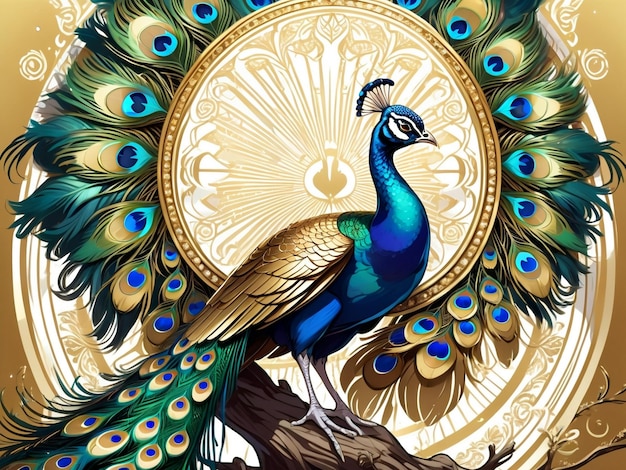 un pavo real sentado encima de un árbol pavo real exquisito arte digital plumas doradas hermoso arte