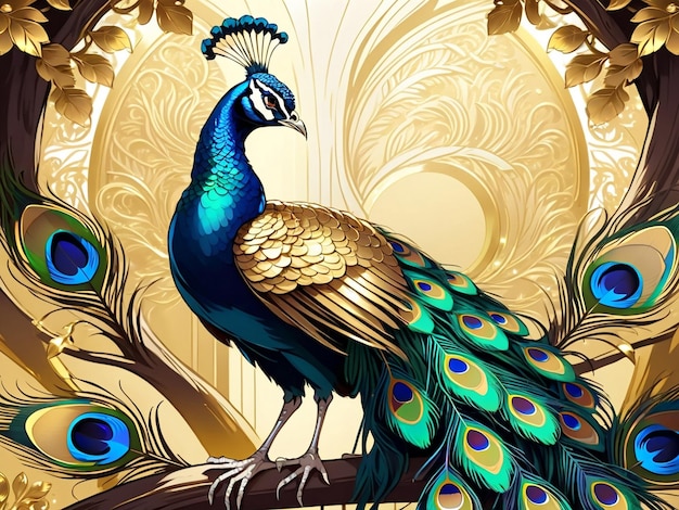 un pavo real sentado encima de un árbol pavo real exquisito arte digital plumas doradas hermoso arte