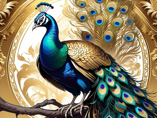un pavo real sentado encima de un árbol pavo real exquisito arte digital plumas doradas hermoso arte