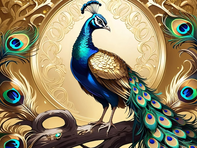 un pavo real sentado en la parte superior de un árbol pavo real arte digital exquisito plumas doradas arte hermoso