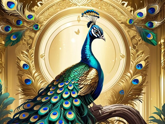 Foto un pavo real sentado en la parte superior de un árbol pavo real exquisito arte digital plumas doradas hermoso arte