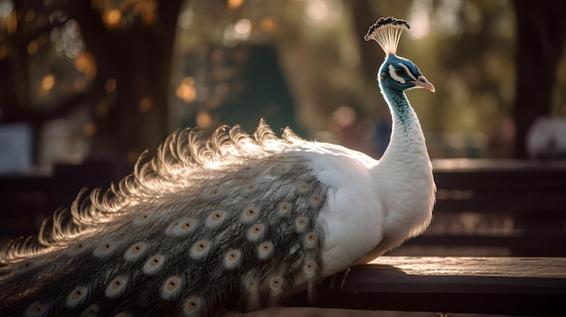 Un pavo real se sienta en una mesa al sol.