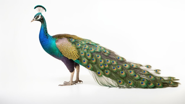 Foto pavo real con todo el cuerpo sobre un fondo blanco