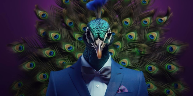 Foto un pavo real con traje azul y corbata azul.