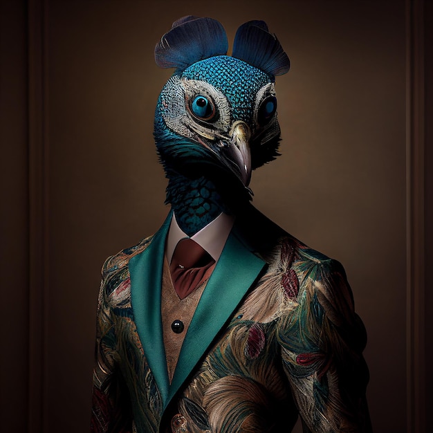 Un pavo real con traje y chaqueta con la cabeza azul.