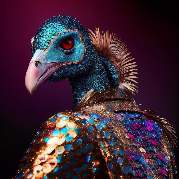 Un pavo real con un vestido dorado y un ojo rojo.