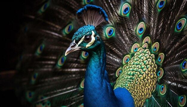 Pavo real vibrante muestra elegancia con plumas multicolores en la belleza natural generada por IA