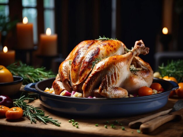 Pavo rellenado en una sartén lista para el horno