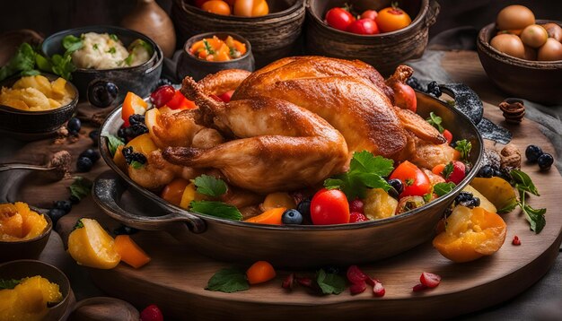 un pavo se sienta frente a un plato de frutas y verduras