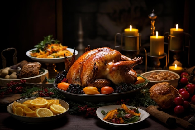 Un pavo se sienta en una mesa con una vela al fondo.